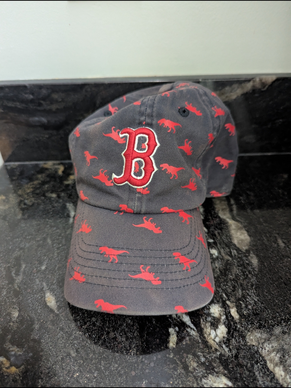 Baseball Cap with Red 'B' Boston Logo and Dino Print